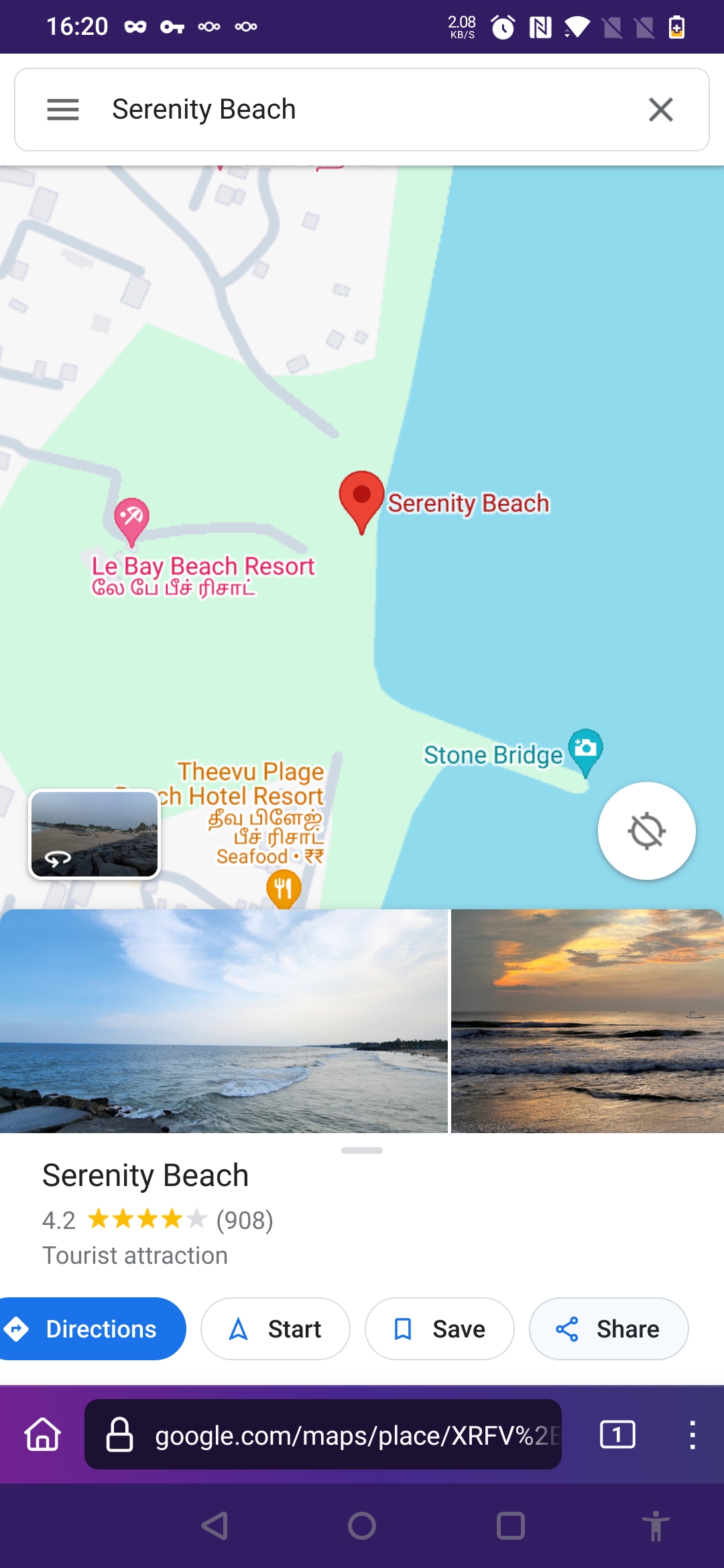 Screenshot of web version of Google Maps on Fennec Android browser with search result for "Serinity Beach, Pondicherry, India"