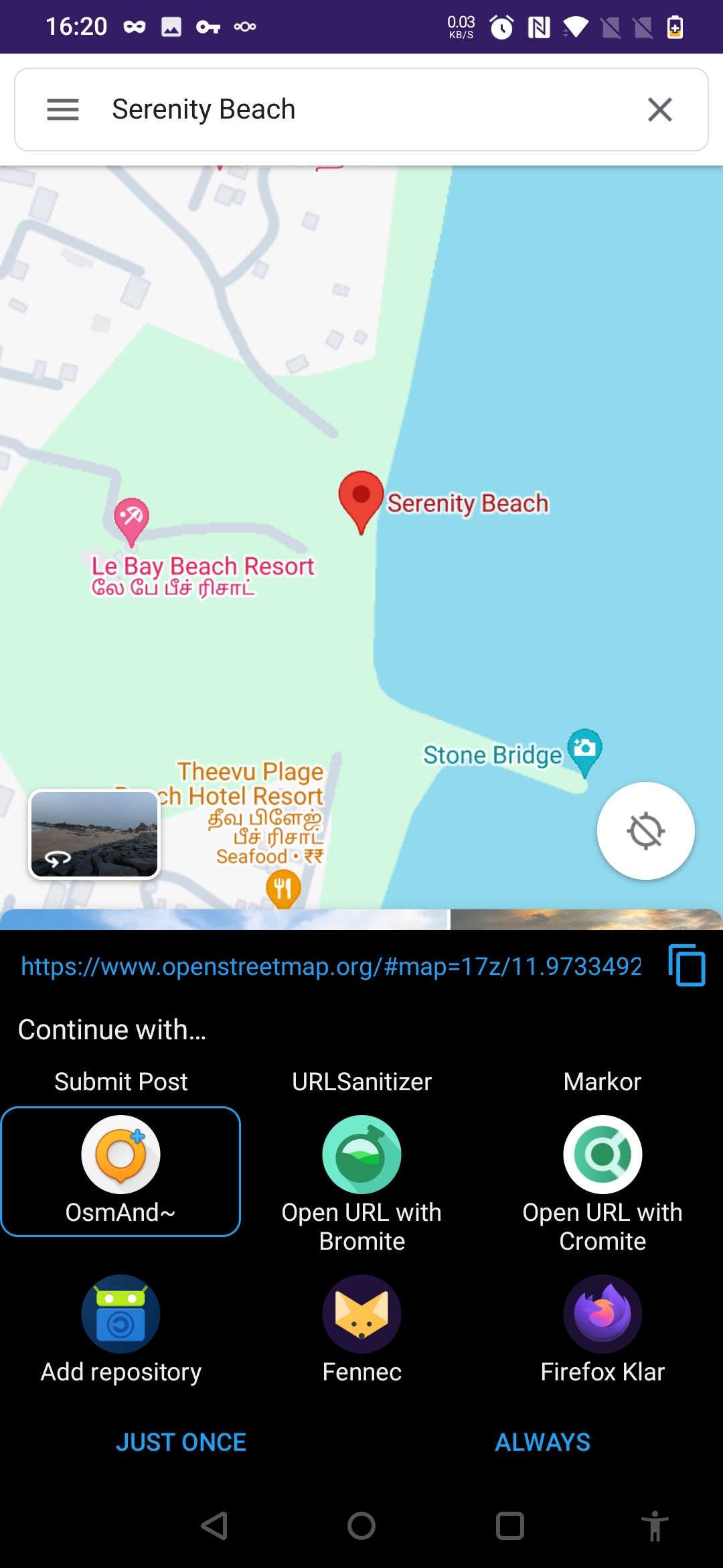 Screenshot of UntrackMe translating Google Maps URL to OSM URL